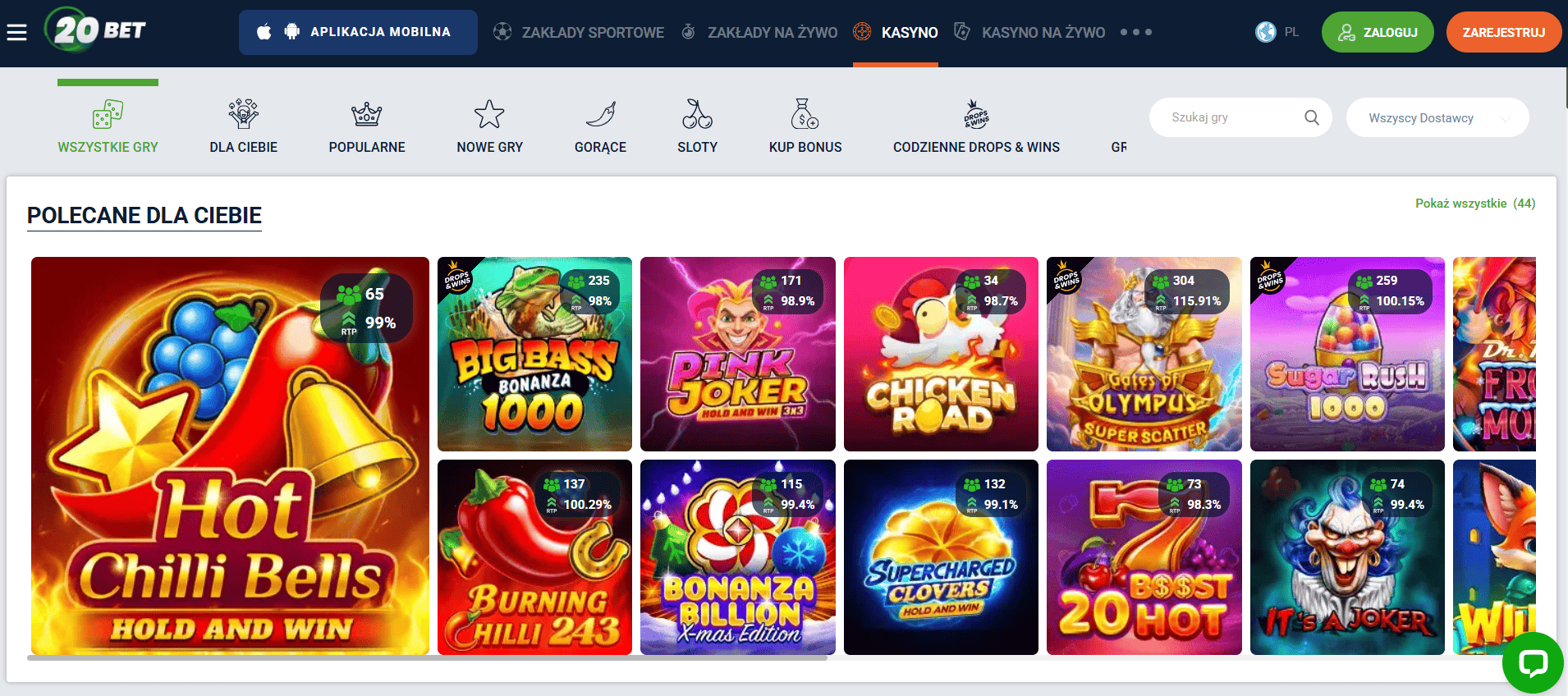 Gry dostępne w 20Bet Casino
